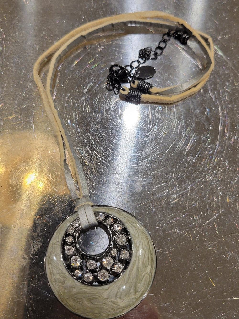 Lia Sophia Pendant Silver Leather Necklace with Crystal Accents